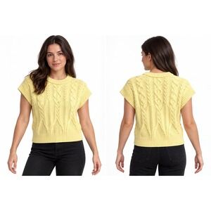 A New Day Women Pale Yellow Short Sleeve Cable Knit Sweater M